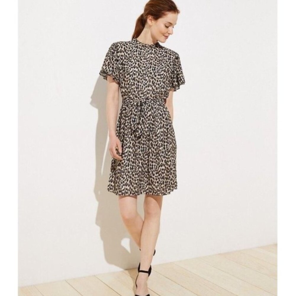 LOFT Animal Print Flutter Sleeve Ruffle Neck Dress XS
